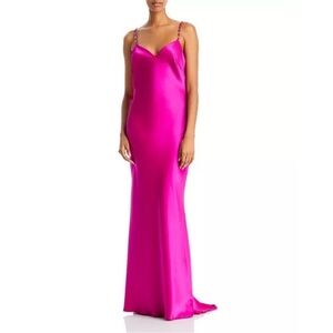AQUA Hot Pink Satin Evening Gown Size 2 | Sweetheart Chain Strap Open Back